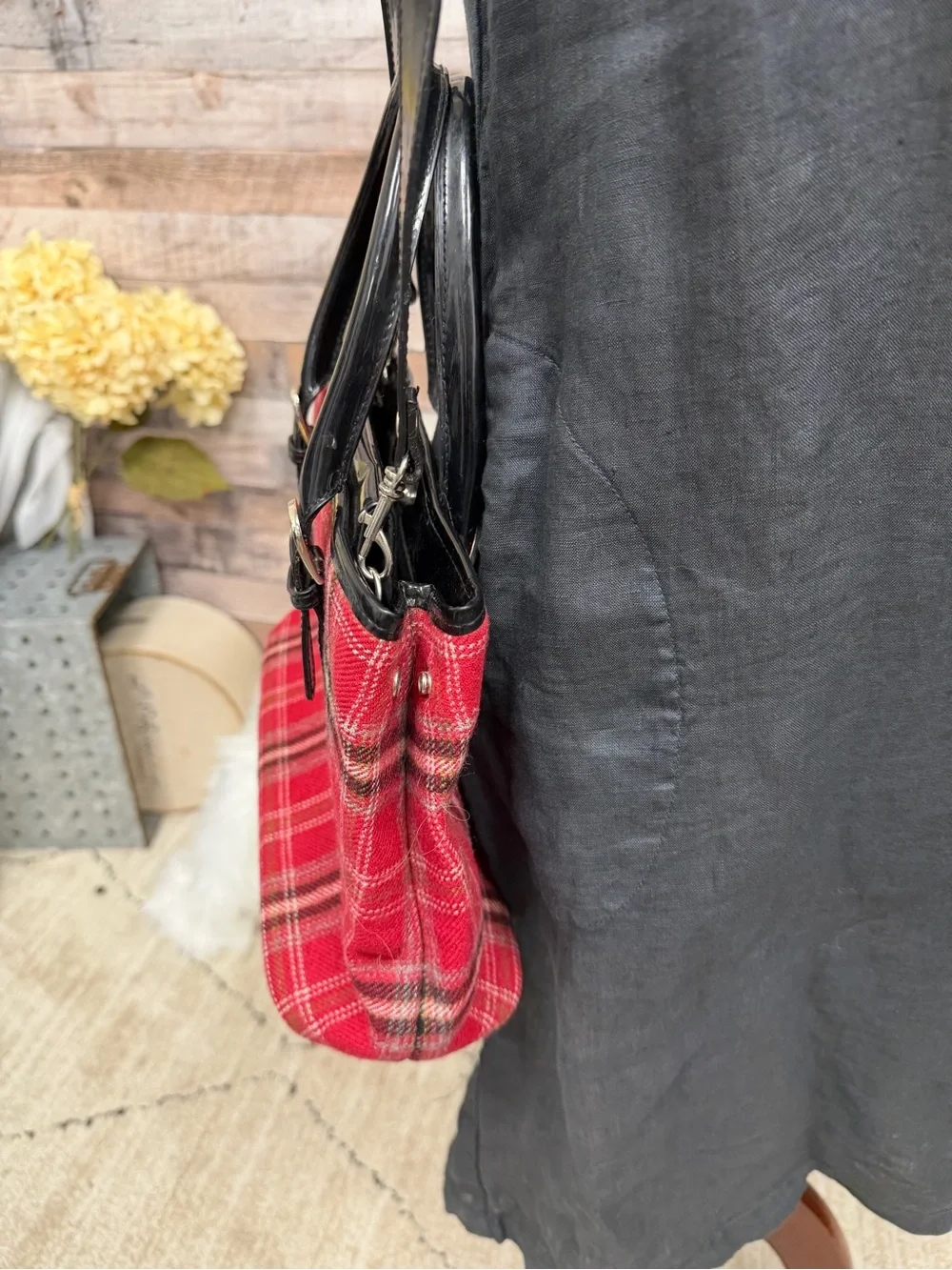Sonoma Red & Black Plaid Handbag Leather Trim